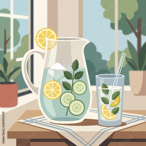 A pitcher and glass of infused water with lemons, cucumbers, and mint leaves on a wooden table by a window with potted plants outside.