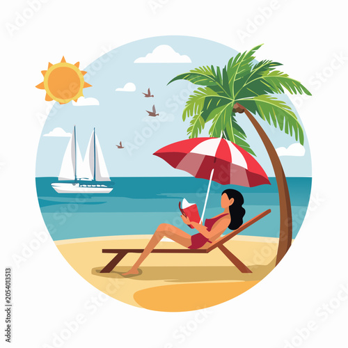 Woman Reading Book on Beach Chair Under Palm Tree