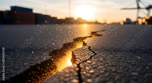 Cracked asphalt road emitting glowing golden light at sunset. Concept of business breakthrough market disruption hidden opportunity and innovation.