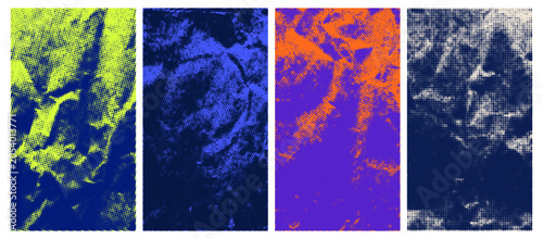 Retro punk halftone texture vector poster backgrounds set. Colorful grunge overlays with risograph printmaking and distressed stipple grain effect