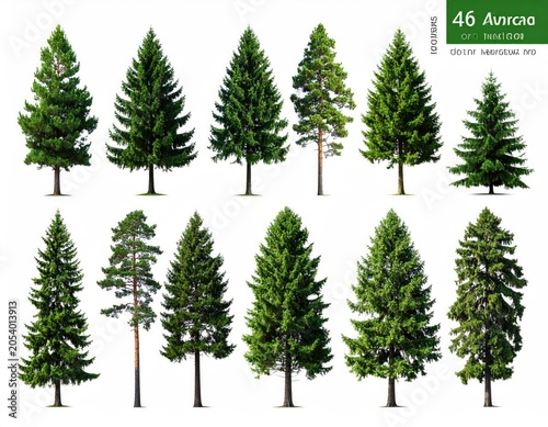Collection of twelve distinct evergreen coniferous trees, isolated on white