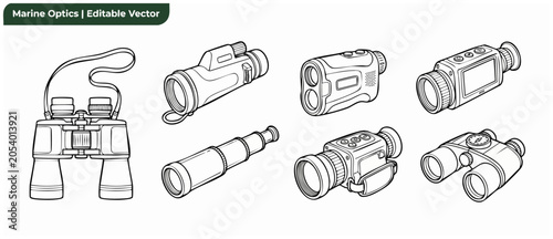 Bild auf Leinwand Binoculars monocular spyglass vector icons set of marine optics and optical viewing devices in line art style for navigation, hunting, sailing, outdoor adventure, and distance observation elements