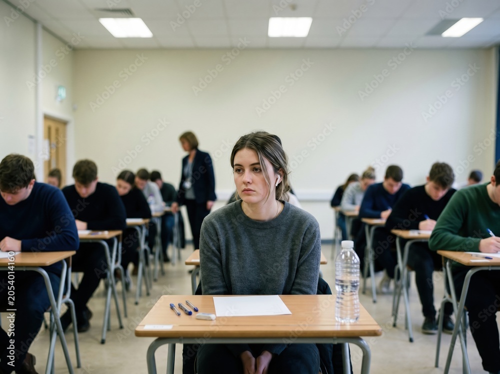 Fototapeta premium Student in exam hall with discreet earbud and vacant expression concept