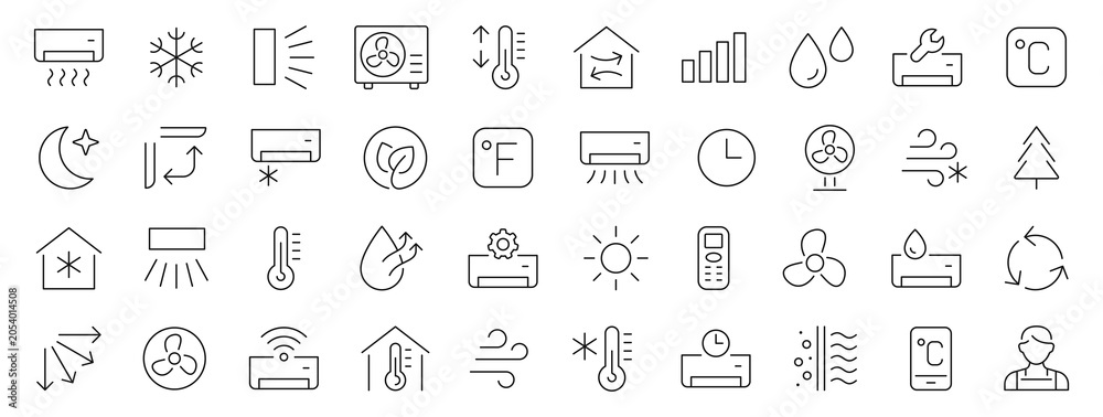 Naklejka premium Air conditioning thin line icons set. Air conditioner editable stroke icon. Vector