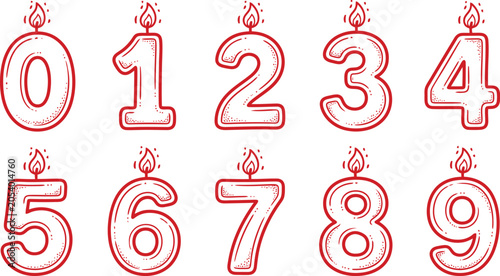 Birthday candle numbers, red outline, cake decoration.