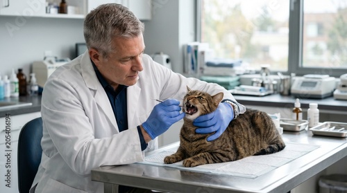 Veterinarian examining teeth of tabby cat in clinic. Professional male vet checking oral health of pet on table. Animal healthcare medical procedure for feline. Veterinary medicine concept.