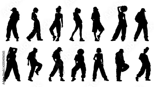 Vector illustration. Silhouette on a white background. Hip-hop dance girl sticker	
