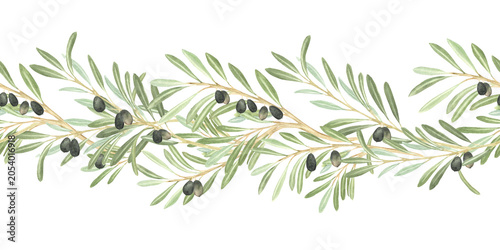 Fotografía Seamless horizontal border of watercolor olive branches with black olives, hand-painted illustration