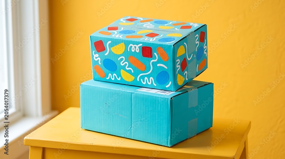 Obraz premium Turquoise Cardboard Boxes Stacked with Festive Abstract Shapes and Squiggles for Shipping and Delivery
