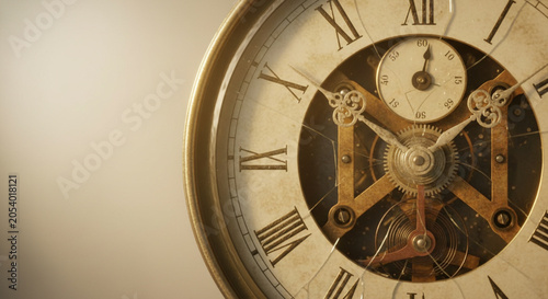 Close up of a vintage pocket watch mechanism with roman numerals and intricate gears showing the passage of time and mechanical precision