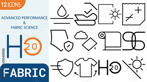 Advanced performance and fabric science icons collection showing technical properties of various textile materials for apparel design.
