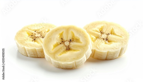 Three cross-sections of a ripe banana, revealing its star-shaped core