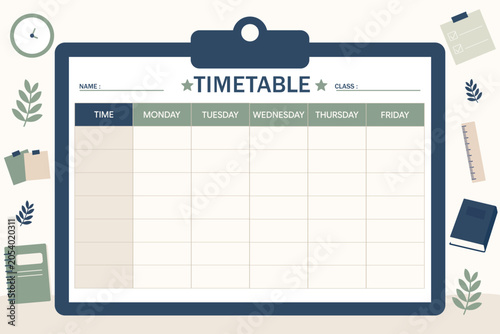 Minimal timetable on clipboard flat vector background.