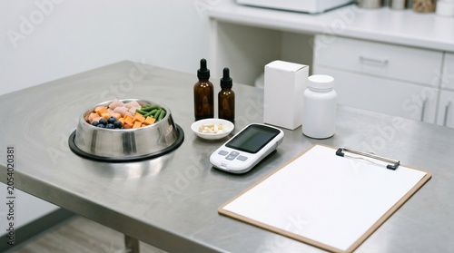 Veterinary nutrition research setup with pet bowl droppers and health meter
