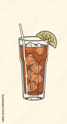 Refreshing Iced Tea with Lemon Slice and Straw Illustration.