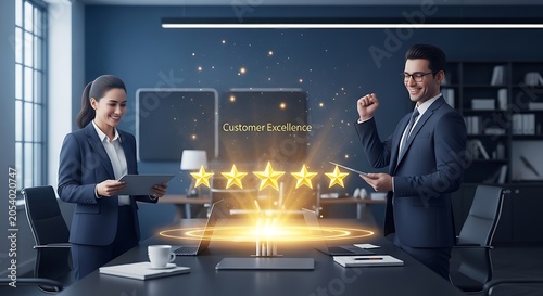Businessman and woman in office celebrating customer excellence with stars
