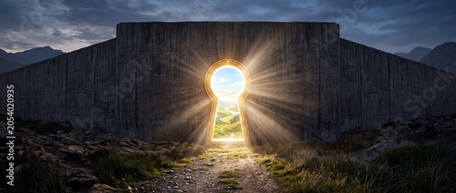 Slika na platnu Colossal concrete wall with a bright glowing keyhole opening revealing lush gree