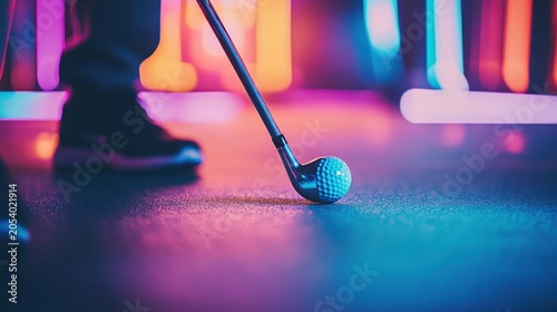 A glowing golf club in poised position on a surface