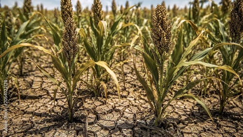 Climate resilient farming sorghum plant crop drought cracked soil dry field plants growing harsh sun sustaining harvest adaptation and hope