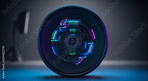 A futuristic wheel with neon lights sits on a blue floor in a dark room with a lamp.