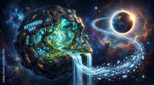 Fantasy asteroid with lush ecosystem floating near Earth in space
