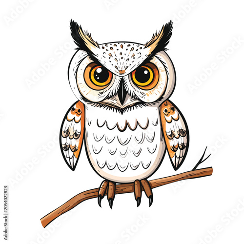 A cute hand drawn cartoon illustration of a great horned owl perched on a branch.