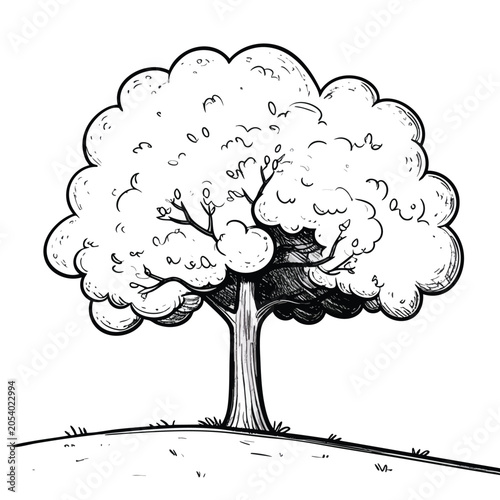 Hand drawn ink illustration of a single deciduous tree.