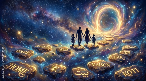 Family walking on floating stones toward cosmic light portal.