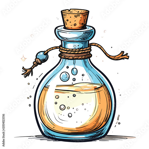Fantasy Magic Potion Bottle with Glowing Golden Liquid.