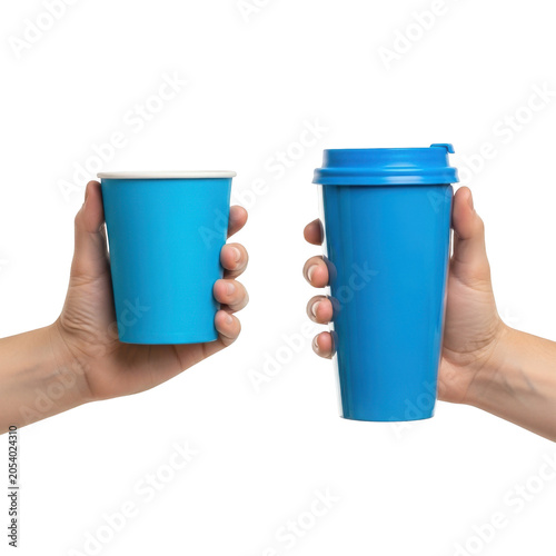 Hands holding blue disposable paper and plastic cups isolated on transparent background.