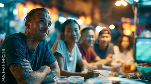 street food vendor watching football match on small television with customers from different backgrounds, joyful atmosphere, world football celebration, realistic documentary photography