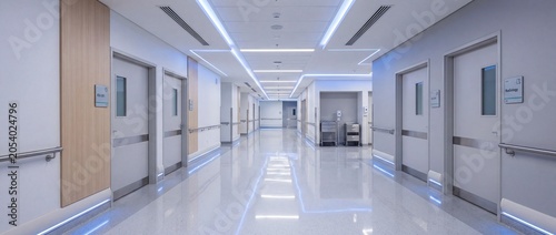 Photos Modern hospital corridor with clean white design, medical doors, and blue accent