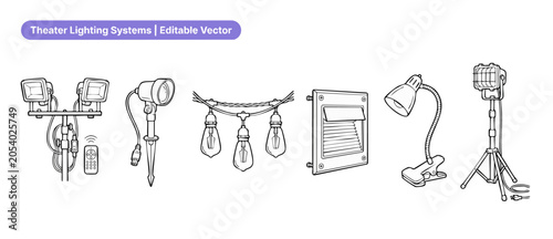 Photos Lighting equipment vector icon set of stage spotlight lamp floodlight and garden lights