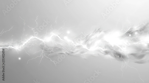 Realistic powerful electrical discharge with a lightning strike impact, displayed on a white background, Includes ball lightning and magical effect design elements, in a 3D vector illustration