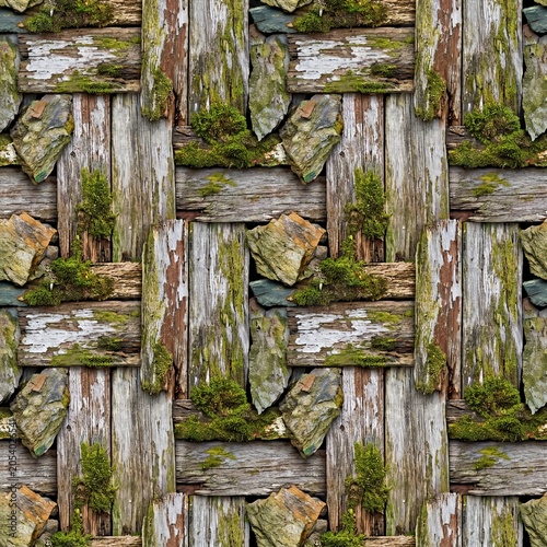 Rustic Seamless Pattern of Weathered Wood Planks and Mossy Stones Texture for Backgrounds