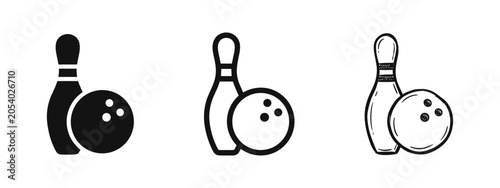 Tableau sur toile Bowling pin and ball icon set with solid, outline, and hand-drawn sketch styles