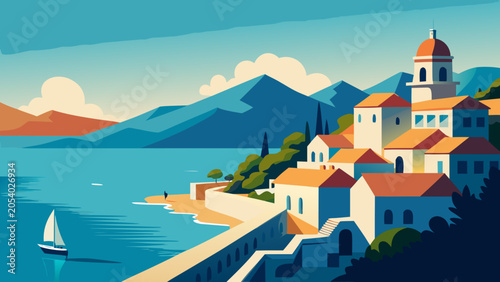 Canvastavla Saranda Coastal Town Vector Illustration
