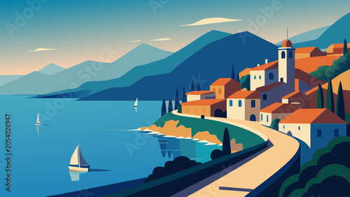 Quadro su tela Saranda Coastal Town Vector Illustration