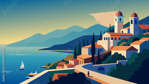 Konstfotografi Saranda Coastal Town Vector Illustration