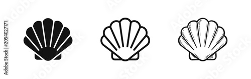 Obraz na plátne Scallop Seashell Icon Set in Solid, Outline, and Hand-Drawn Sketch Styles