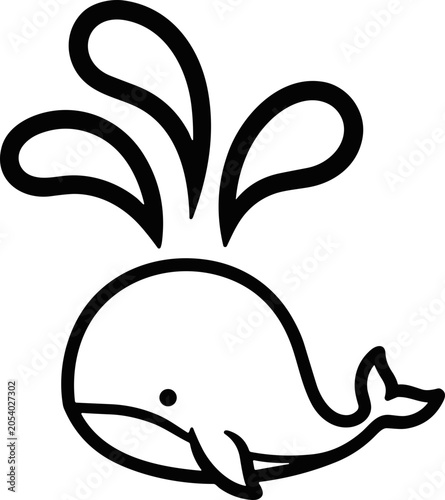 Fotografie Cute cartoon whale spouting water, simple line art illustration, isolated on white background