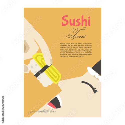 Japanese Sushi Restaurant Poster Collection Vector Set Food Promotion Flyer Templates with Cute Sushi Characters