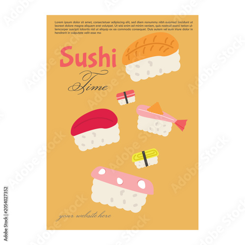 Japanese Sushi Restaurant Poster Collection Vector Set Food Promotion Flyer Templates with Cute Sushi Characters