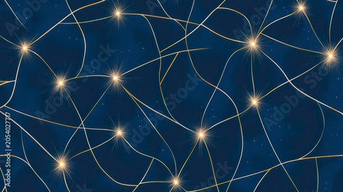 Abstract navy blue background with gold lines and sparkling lights, seamless pattern.