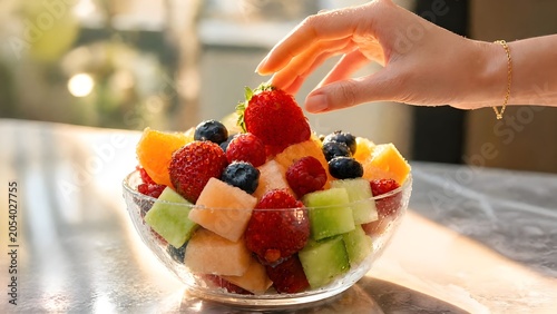 Estate: salutare merenda con frutta estiva, macedonia, succo, gelato e vitamine