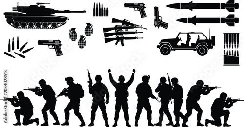 Картината върху платно Military Combat and Equipment Silhouette Set