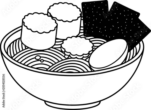 Photos Japanese Noodle Soup Bowl with Egg, Seaweed, and Fish Cakes - Line Art