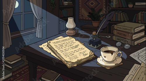 Cozy vintage study room with books and coffee at night.