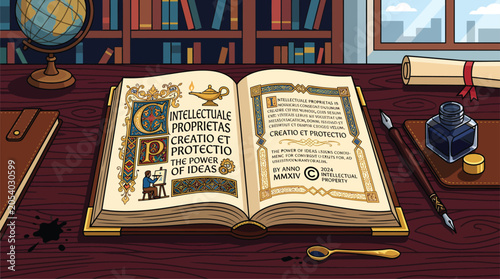 Open antique book on desk representing intellectual property and creative rights.