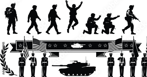 Photos Collection of military silhouettes with soldiers, American flags, and a tank